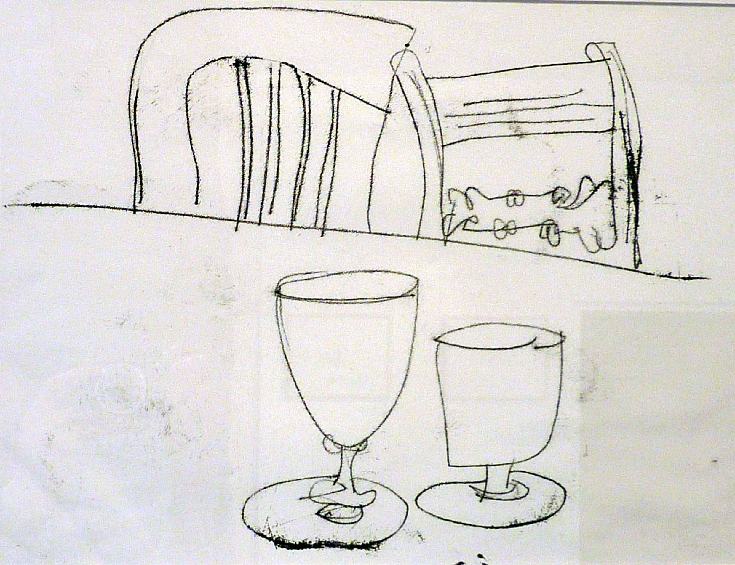 Line drawing in ink of two chairs and two wine glasses on a table by Sera James Irvine.