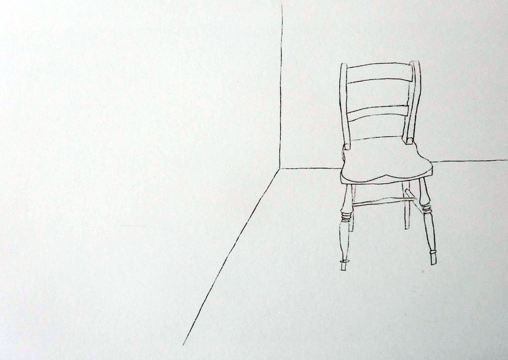 Drawing of a single chair placed in the corner of a room