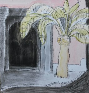 a painting of a pink spanish church with a dark open doorway and a palm tree in front