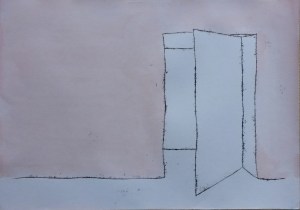 Painting of room with a pink wall and an open door