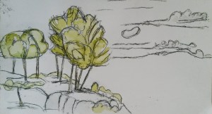 Painting and drawing of umbrella pine trees perched on a rock with clouds in the sky