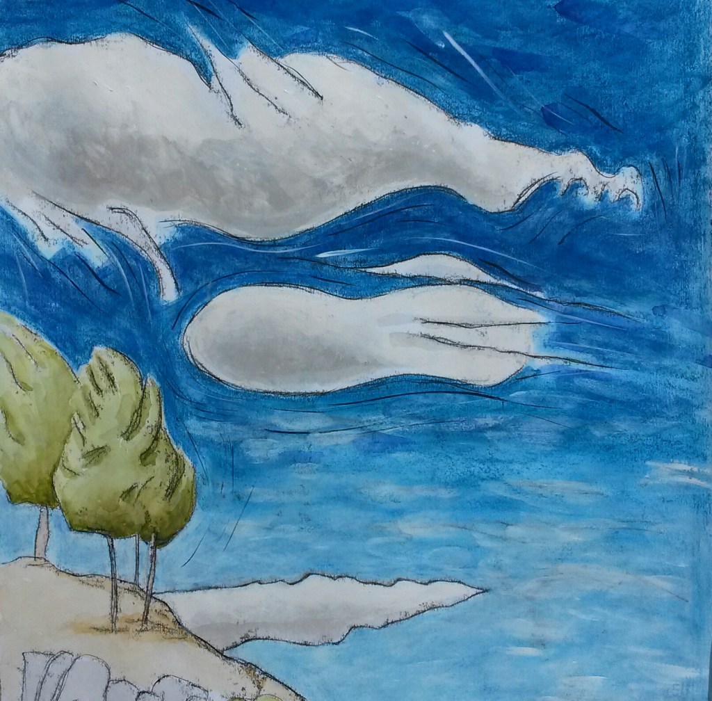 Painting of umbrella pine trees perched on a hill with two large clouds above and a deep blue sky