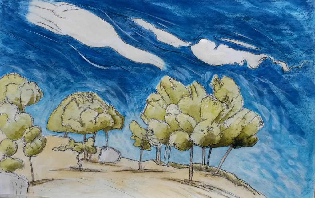 Painting of umbarella pine trees perched on a rock in front of a deep blue sky with clouds