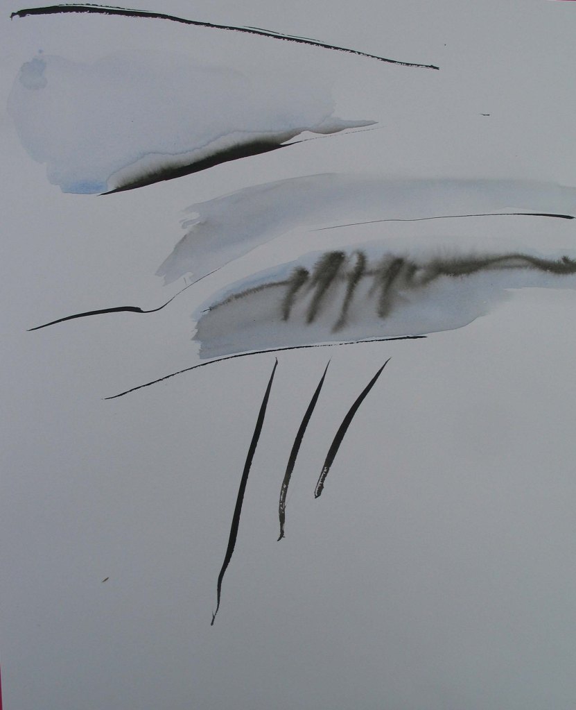 Abstract painting of two grey clouds with dashes of rain on grey background