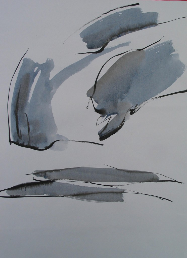 Abstract ink painting of five angular clouds with pale grey background