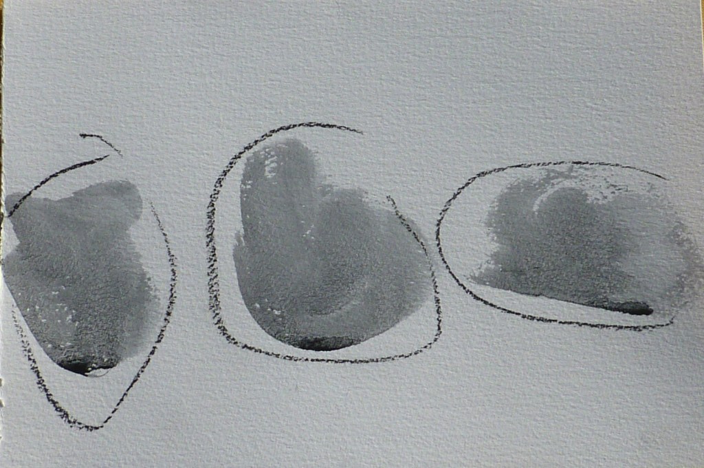 Monochrome painting of three clouds with charcoal lines around the clouds