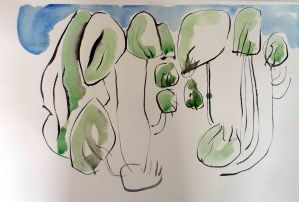 Painting in ink and watercolour of abstract trees with blue sky above