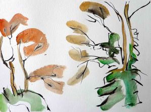 Painting in ink and watercolour of abstract trees with green ivy on the trunks and orange and yellow leaves