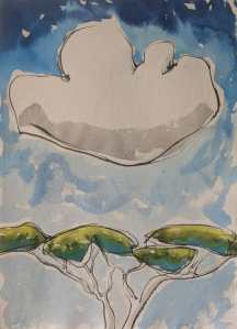Painting of blue sky and large cloud above a tree top