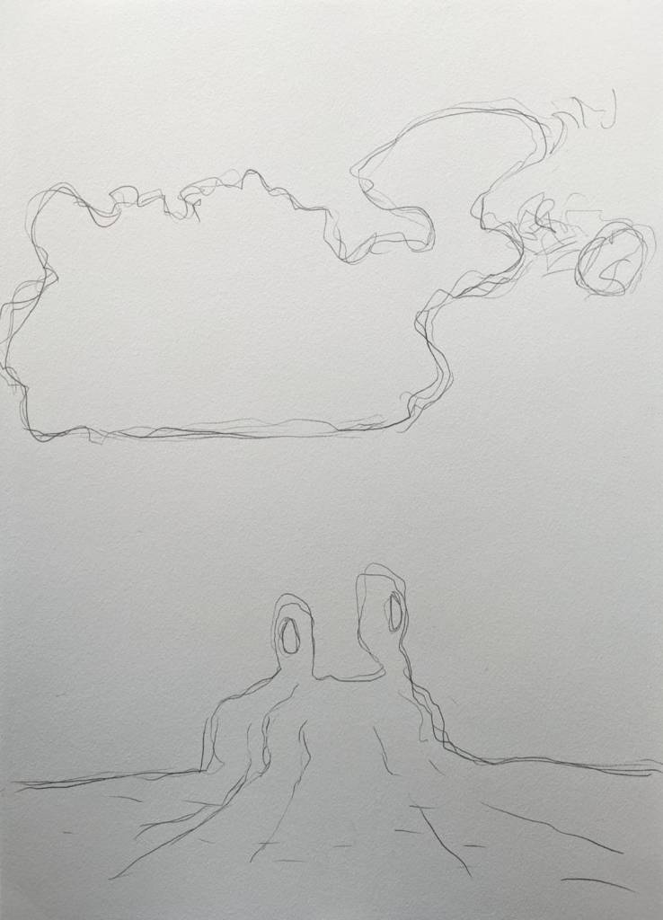 Drawing of termite hill and cloud, graphite on paper