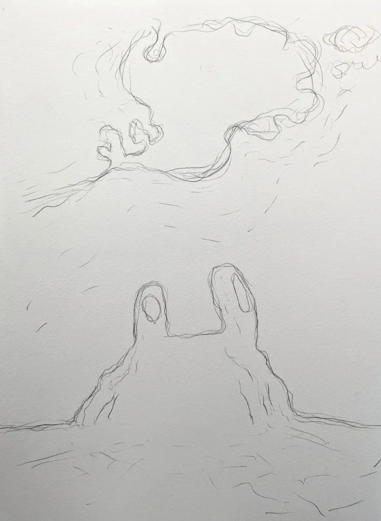 Drawing of termite hill and cloud, graphite on paper