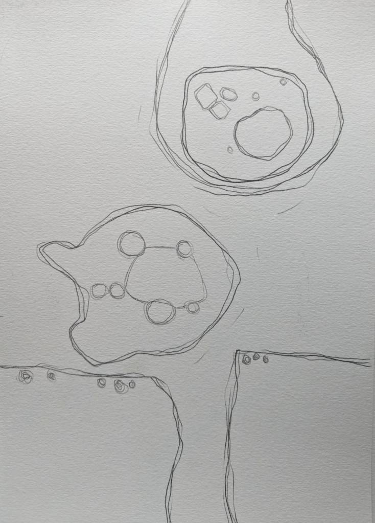 Drawing of two circular shapes in top of page and two angular corners at the bottom of the page on paper, drawing