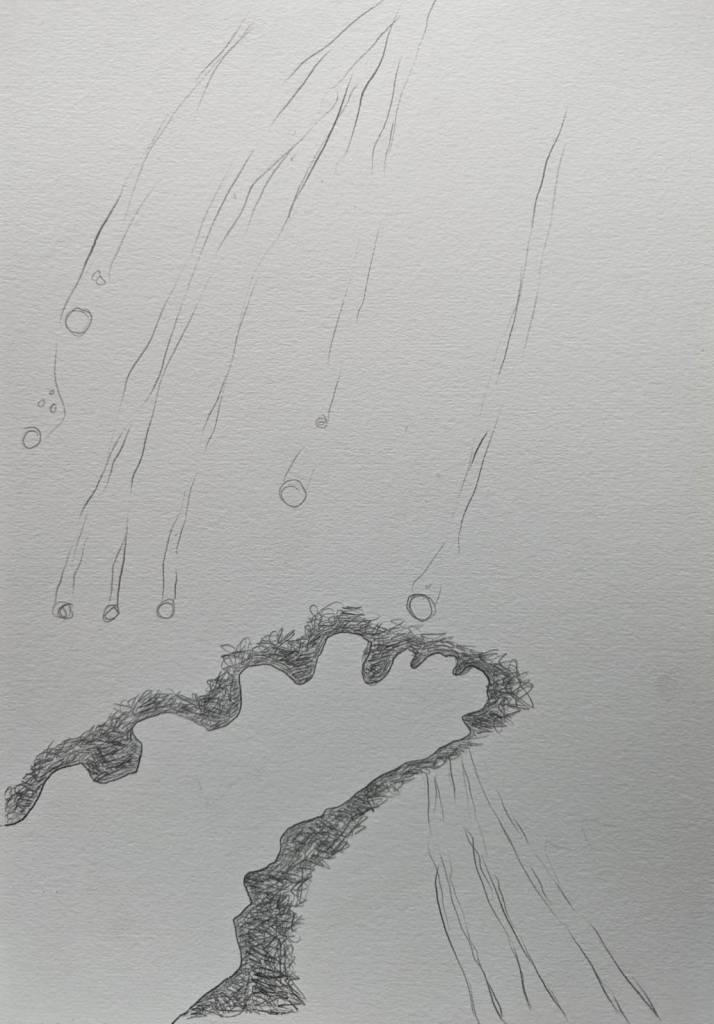 Drawing with wiggly shape across the bottom left hand corner into the middle and lines, dashes and dots coming down from the top of the page