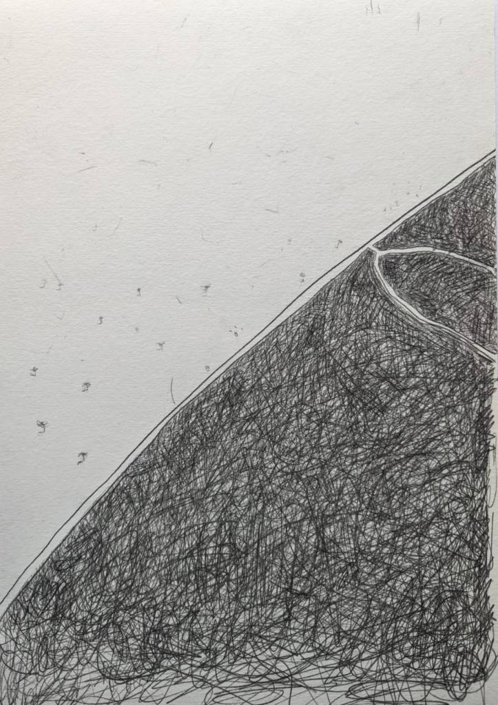 Drawing, half of the page is cut across diagonally and shaded dark black, the other is white with dots and marks across it