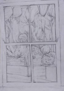 Drawing of view of trees through a sash and case window