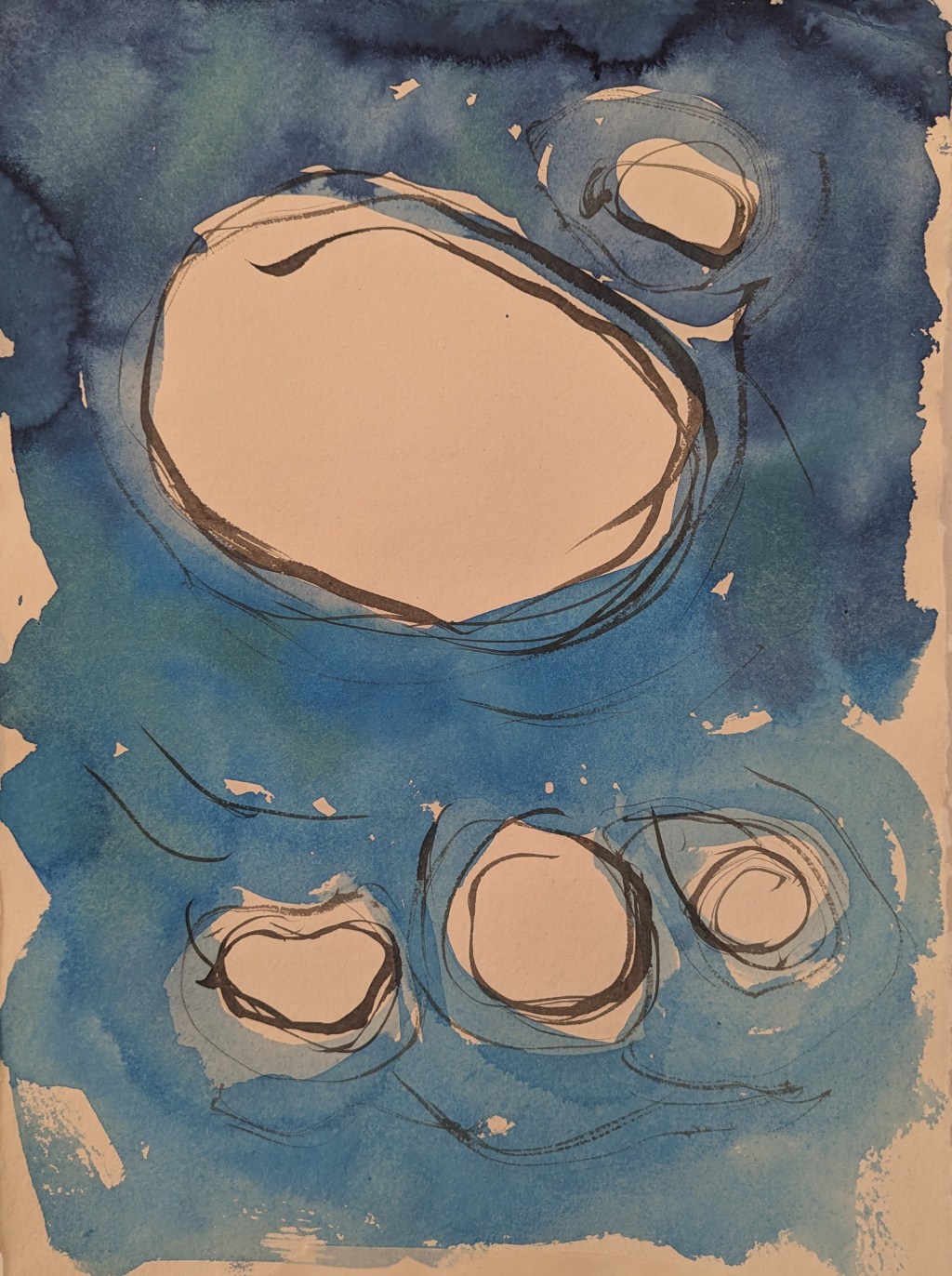 Watercolour and ink painting of clouds against a blue sky