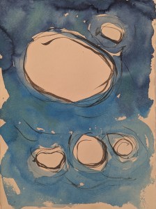 Watercolour and ink painting of clouds against a blue sky