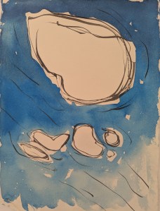 Watercolour and ink painting of clouds against a blue sky