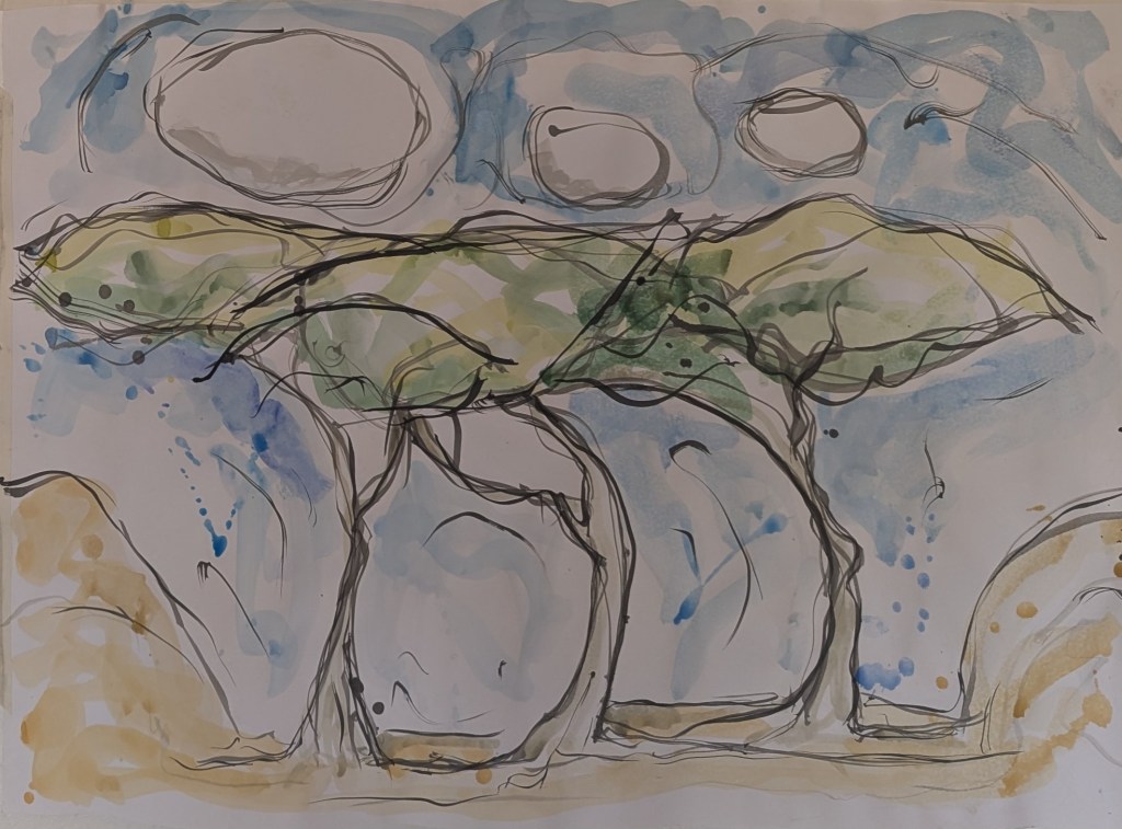 Large watercolour and ink painting of three trees with clouds above and a blue sky