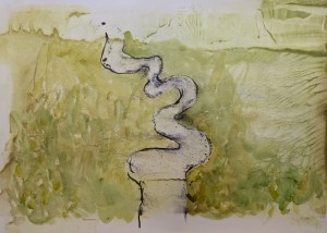 Watercolour and ink painting of meandering river from above with yellow and green