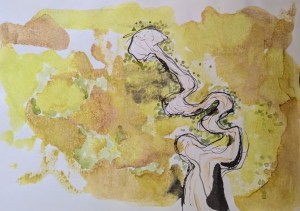 Watercolour and ink painting of meandering river from above with yellow and brown landscape