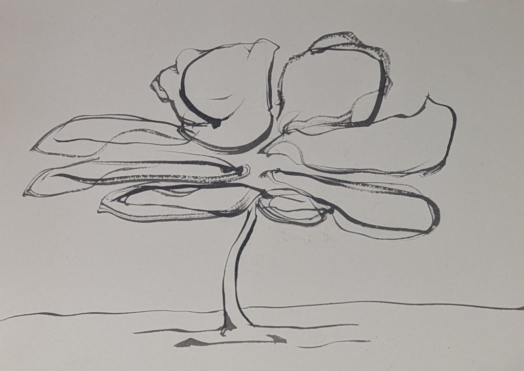 Black and white ink painting line drawing of tree in flat landscape