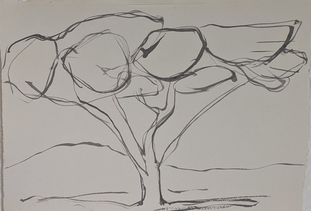 Black Ink painting line drawing of tree in flat landscape