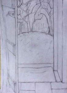 Drawing of a stone threshold and a door opening onto a cropped view of a garden with threes