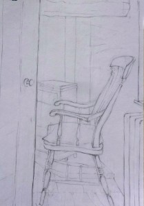 Drawing of a door opening onto a Windsor chair next to a cast iron radiator