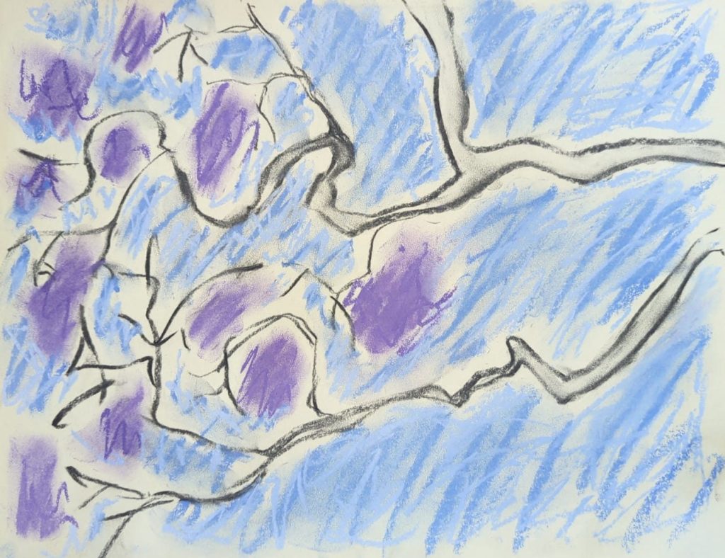 Painting of a branch with lilac flowers against a blue sky.