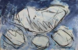 Painting of four clouds, one large above three smaller ones. Dark sky behind.