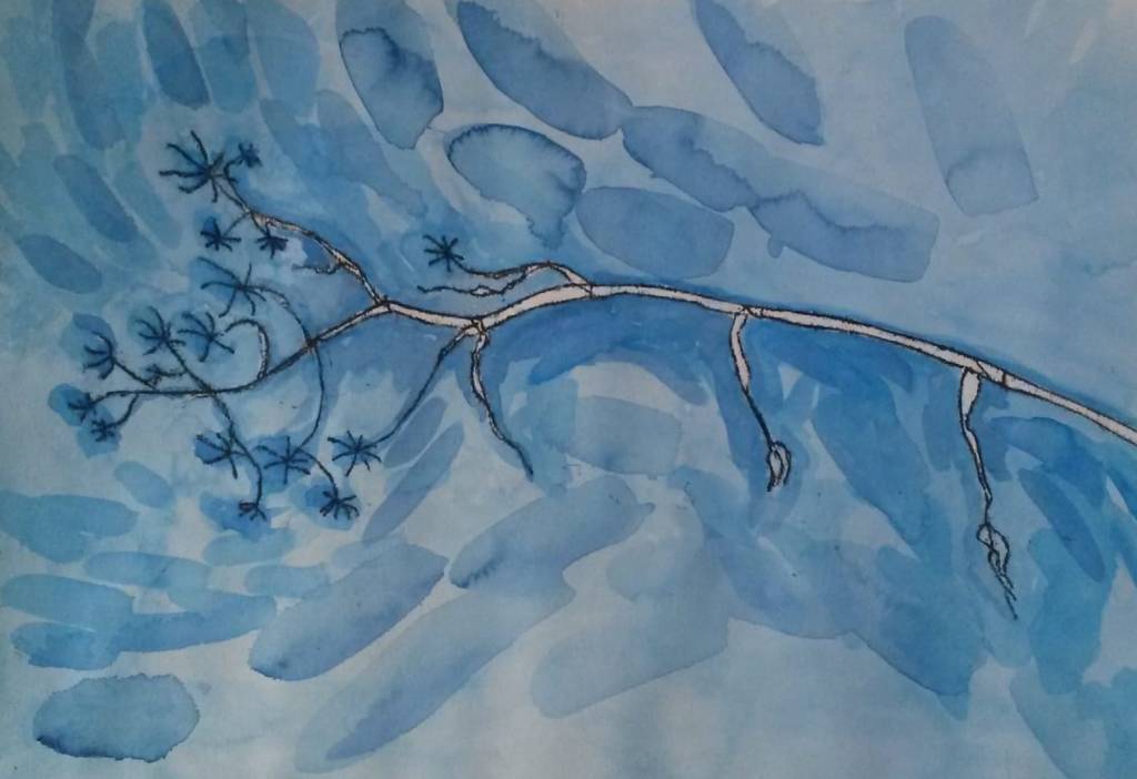 Painting of a branch and twiglets extenging in front to a blue sky