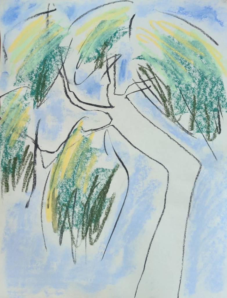 Painting of one tree bent over with large green areas of leaves, against a blue sky.