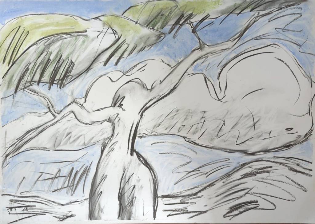 Painting drawing of tree against a blue sky with clouds