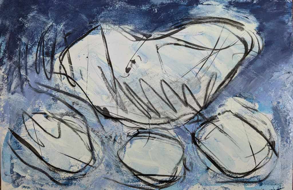 Painting of four clouds scudding across a dark sky by Sera James Irvine.