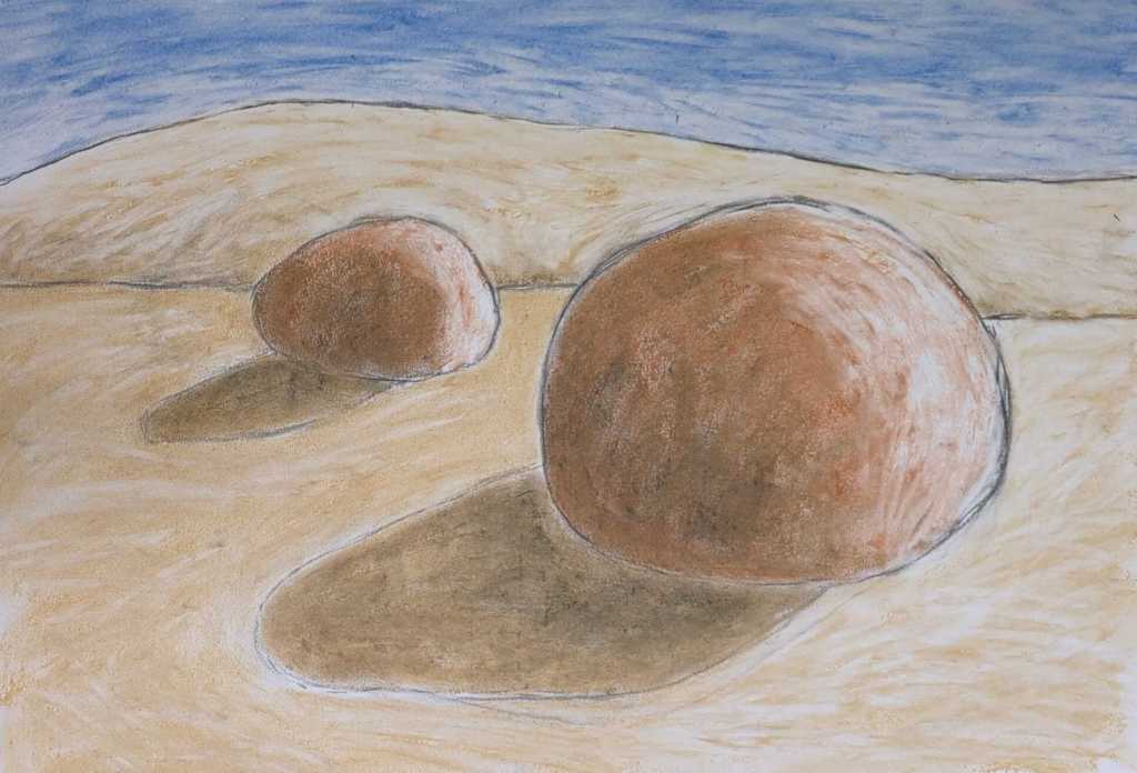 Painting of two sandy coloured boulders in harsh sunlight casting shadows and with blue sky behind. Soft pastels and charcoal by artist Sera James Irvine.