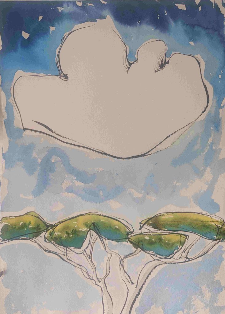Painting of large cloud above a tree top with blue sky. Watercolour and ink by artist Sera James Irvine.