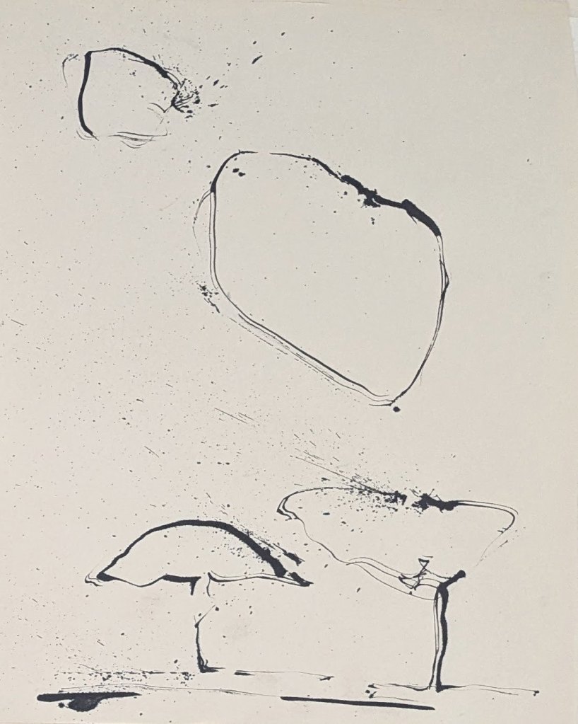 Ink line drawing of two trees and two clouds above by Sera James Irvine.