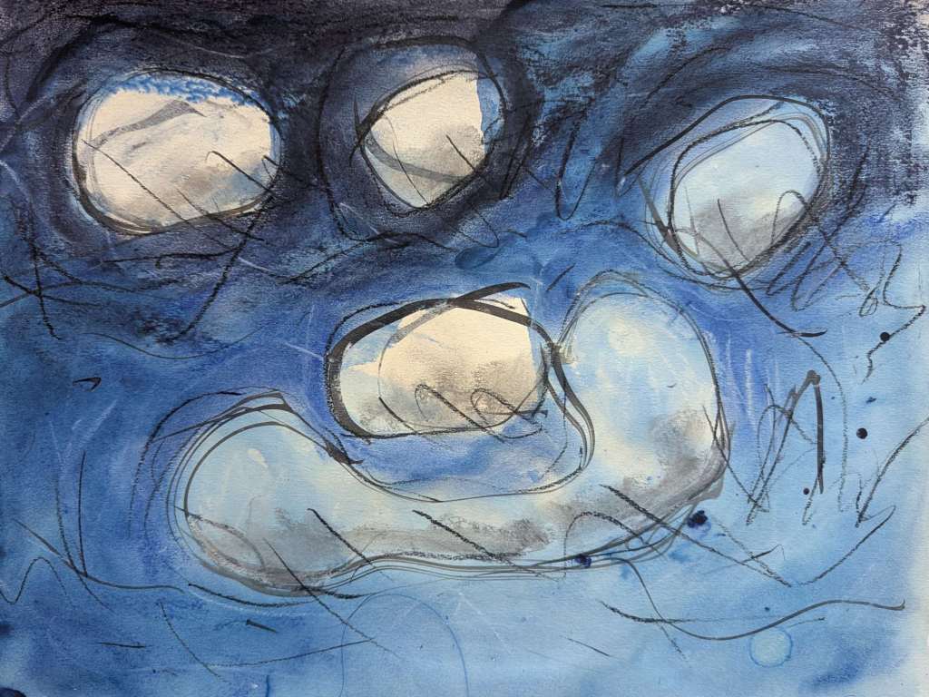 Painting of five clouds against a dark blue sky by Sera James Irvine.