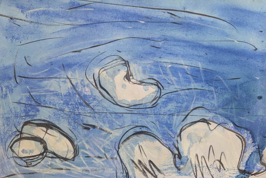 Painting of clouds moving across a blue sky by Sera James Irvine.