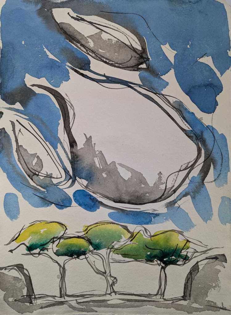 Painting of three small trees with large grey clouds above and blue sky behind. Watercolour andink by artist Sera James Irvine.