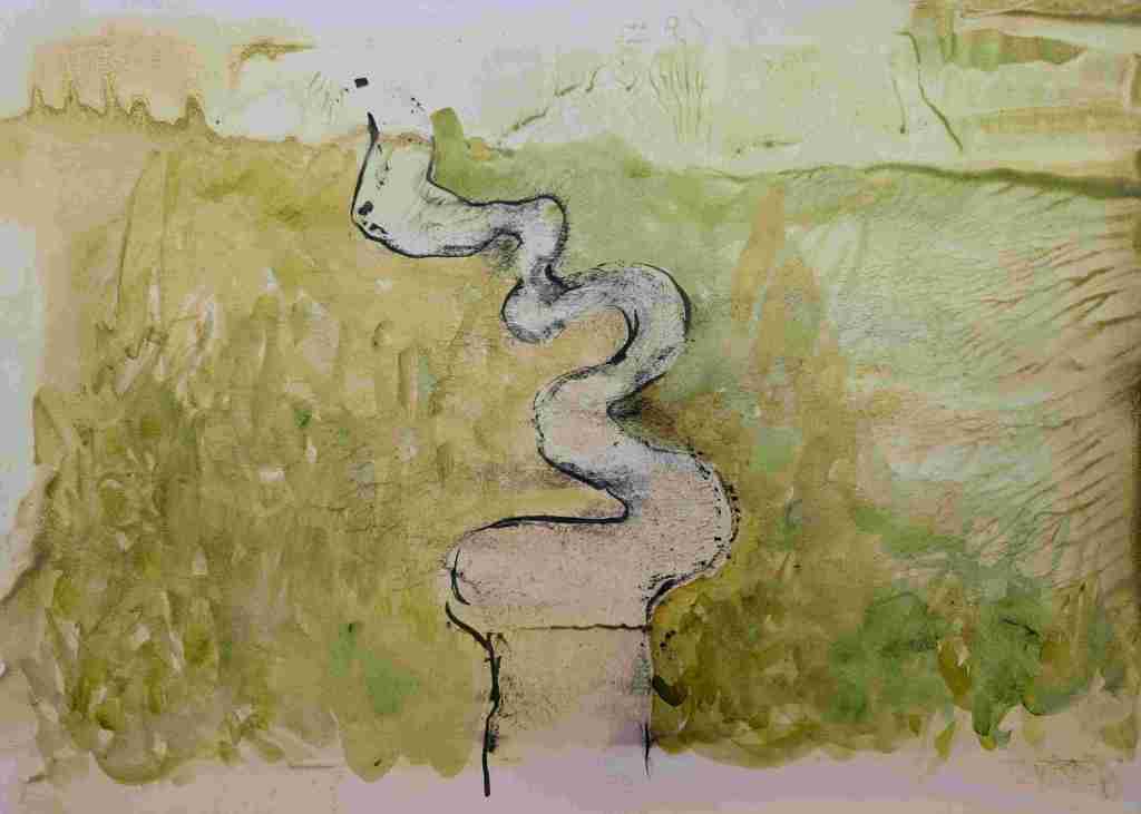 Painting of meandering river from above, with green grass either side. Watercolour and ink by artist Sera James Irvine.