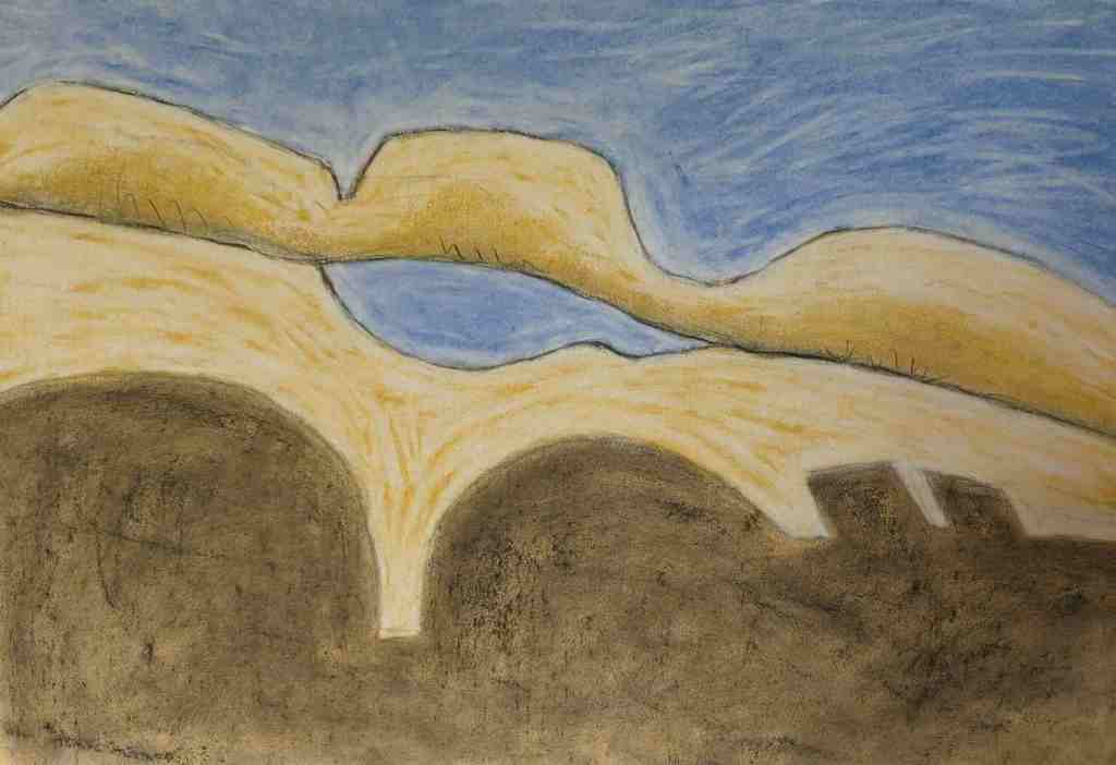 Painting of sandy coloured rock formation in harsh sunlight with dark shadows in front and blue sky behind. Soft pastels and charcoal by artist Sera James Irvine.