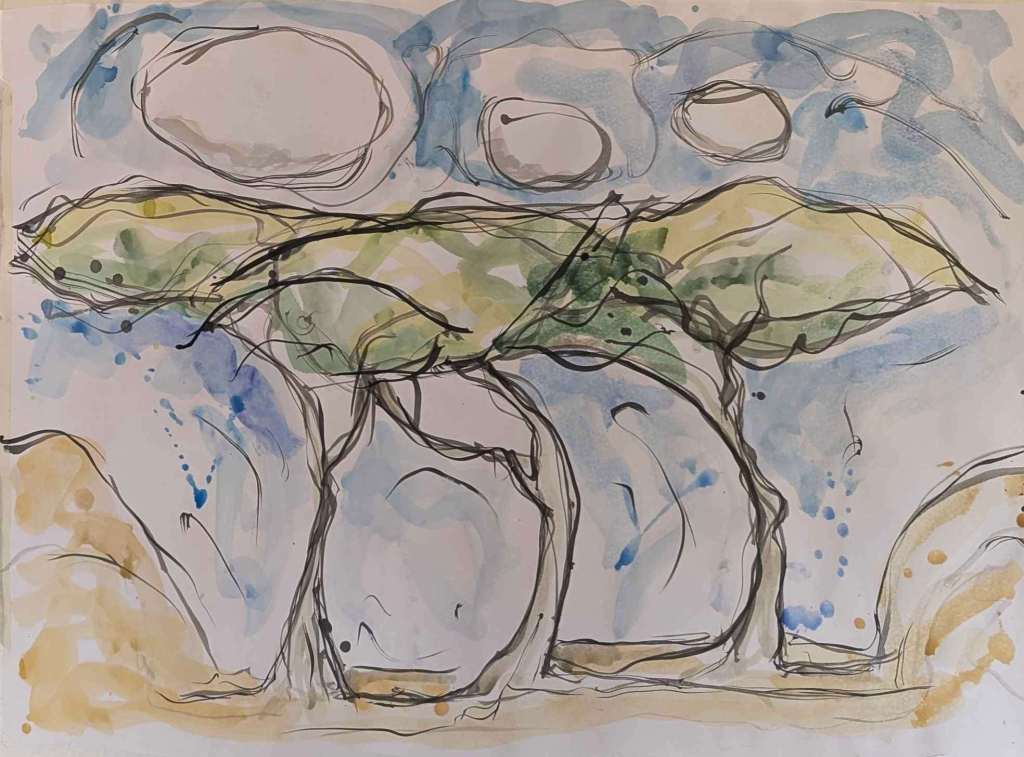 Painting of three trees with three clouds above and blue sky behind. Watercolour and ink by artist Sera James Irvine.
