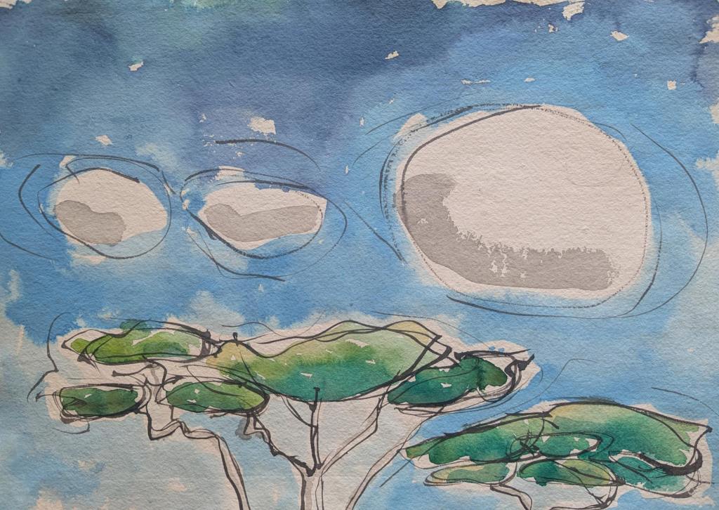Painting of treetop with three clouds above and blue sky by Sera James Irvine.